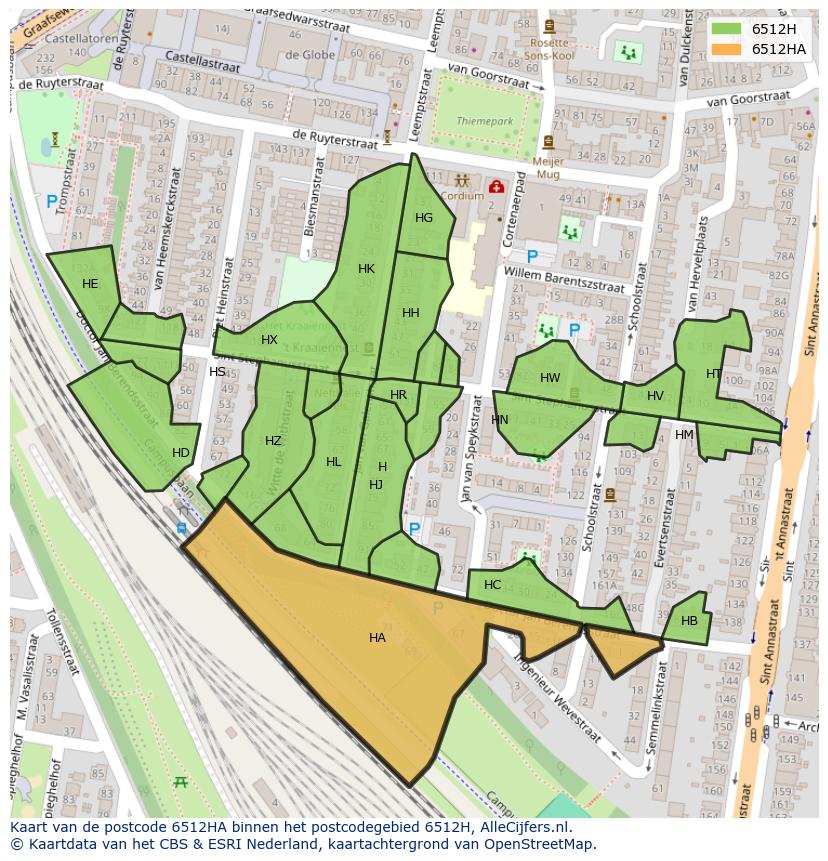 Afbeelding van het postcodegebied 6512 HA op de kaart.