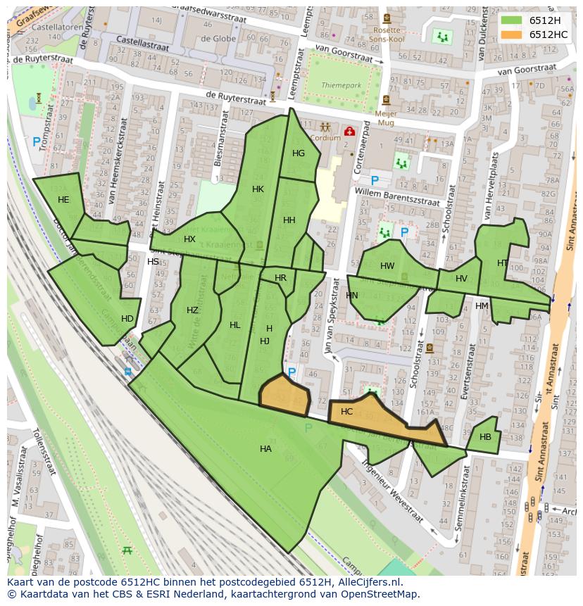 Afbeelding van het postcodegebied 6512 HC op de kaart.