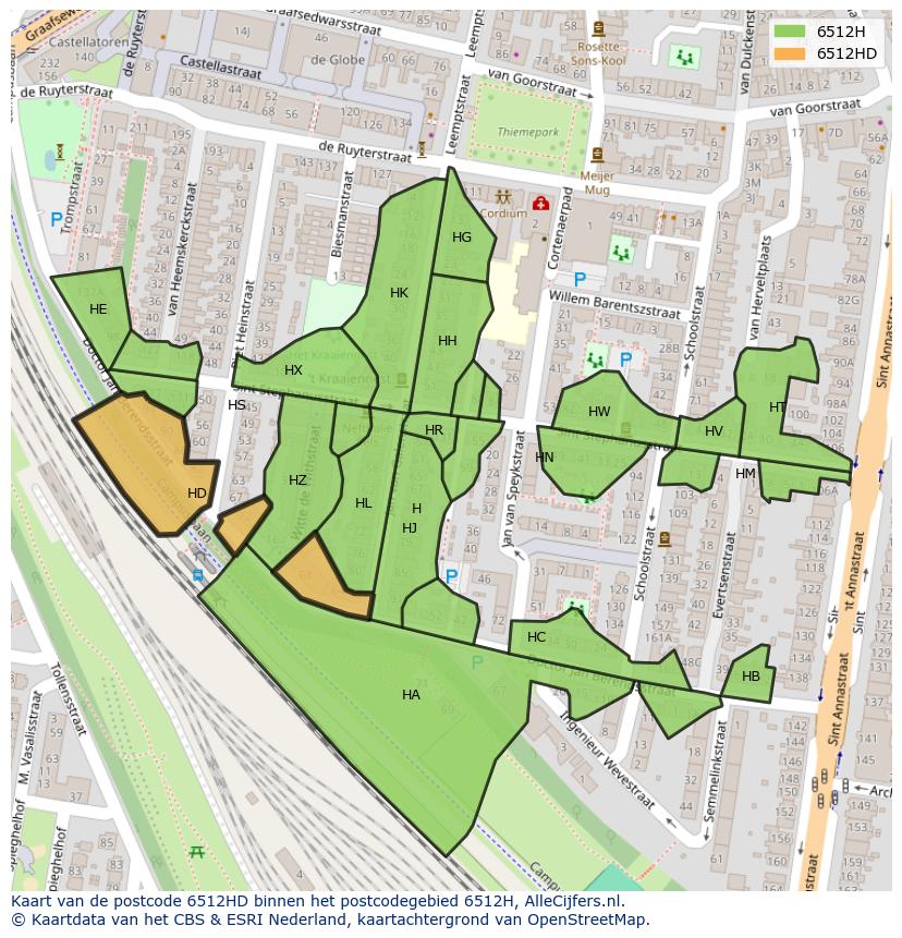 Afbeelding van het postcodegebied 6512 HD op de kaart.