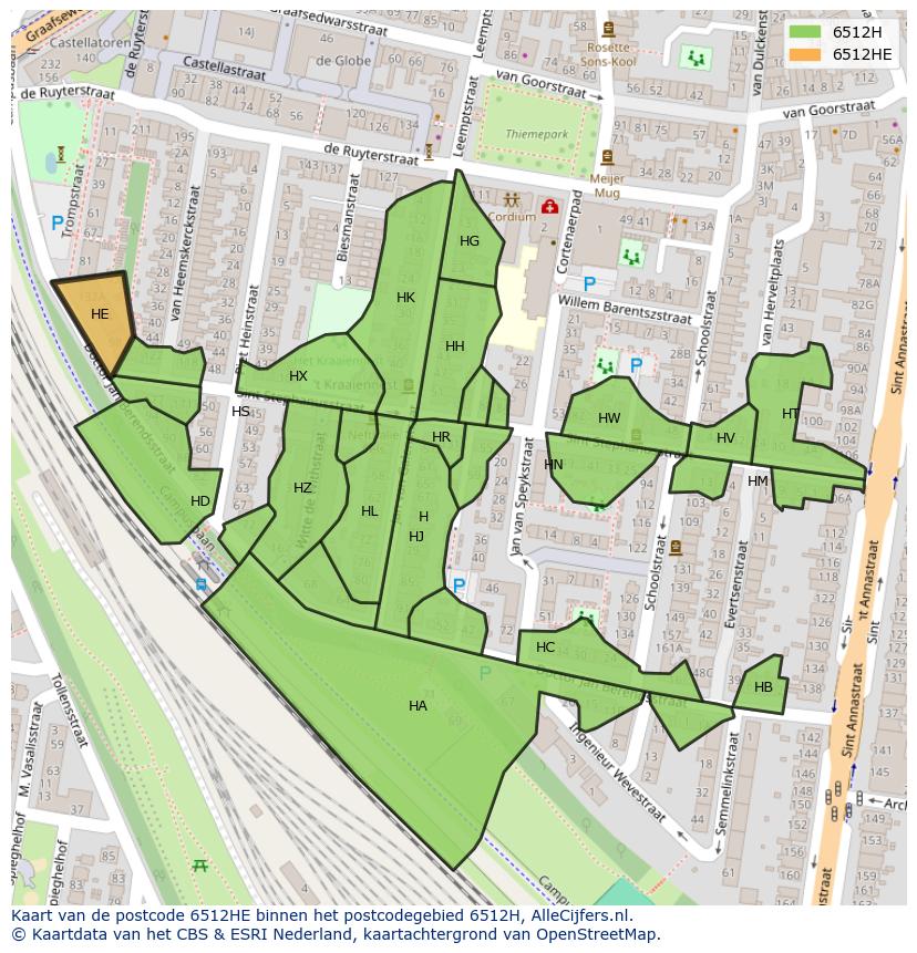 Afbeelding van het postcodegebied 6512 HE op de kaart.