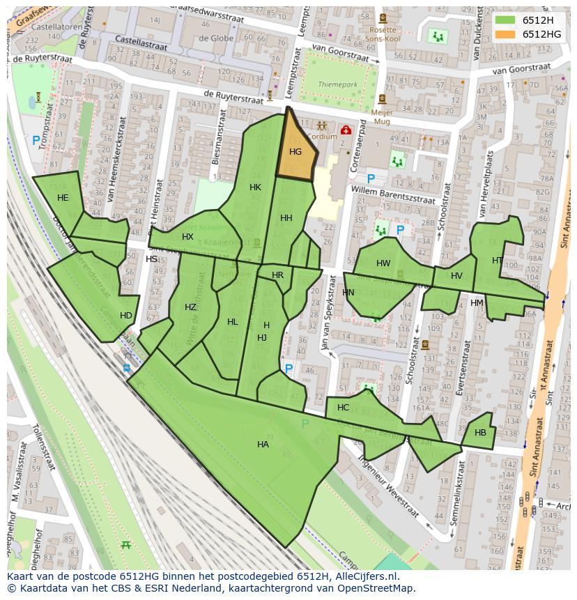 Afbeelding van het postcodegebied 6512 HG op de kaart.