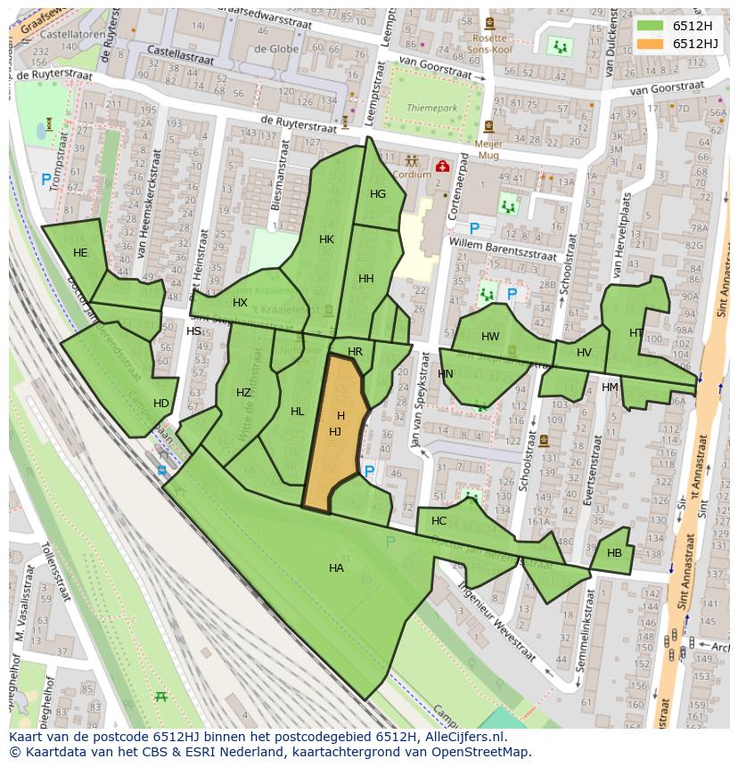 Afbeelding van het postcodegebied 6512 HJ op de kaart.