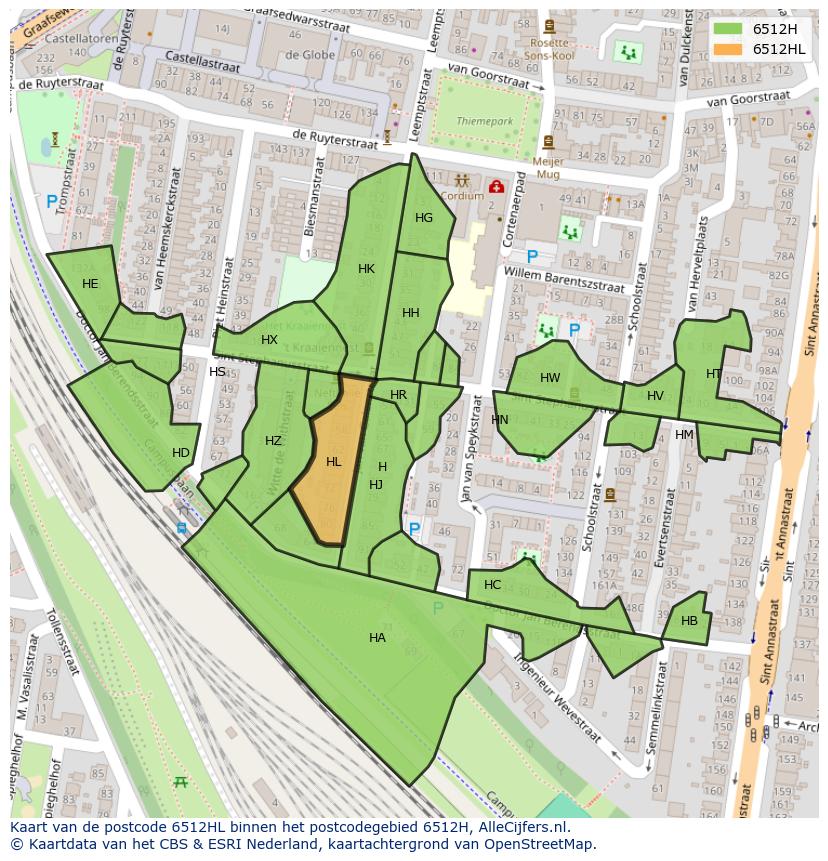 Afbeelding van het postcodegebied 6512 HL op de kaart.