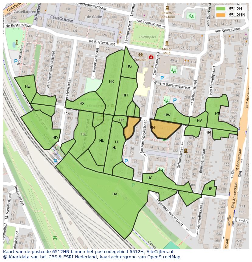 Afbeelding van het postcodegebied 6512 HN op de kaart.