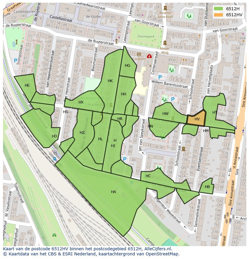 Afbeelding van het postcodegebied 6512 HV op de kaart.