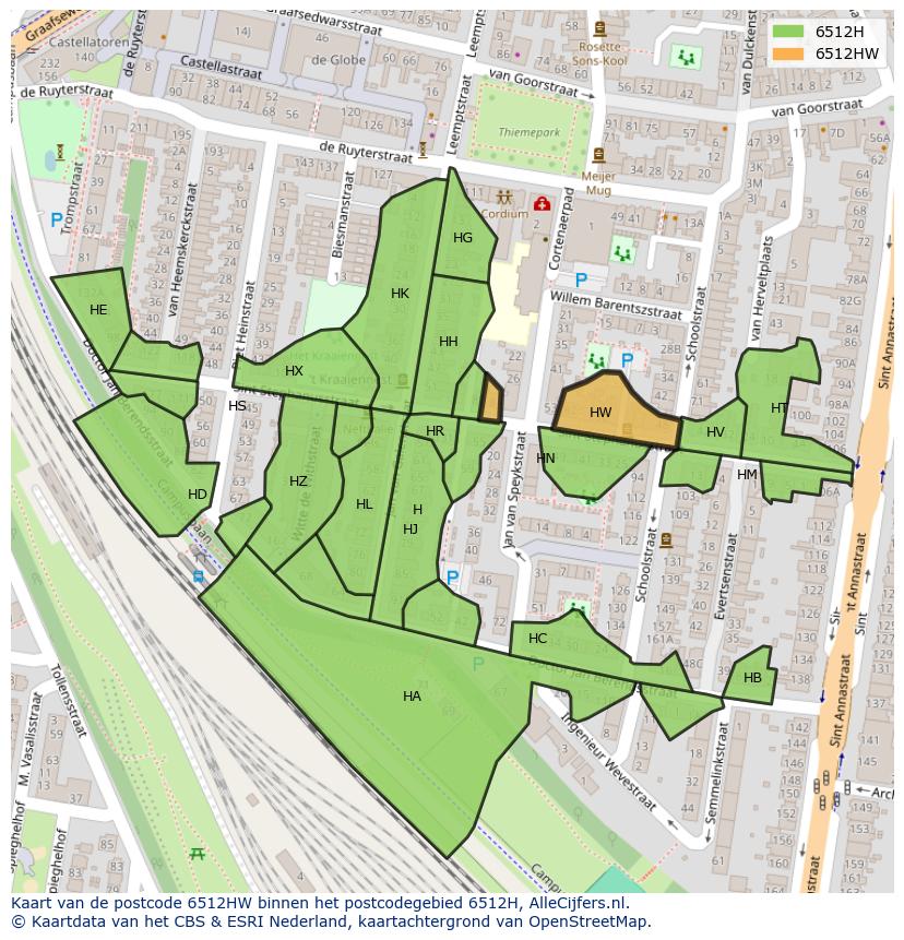 Afbeelding van het postcodegebied 6512 HW op de kaart.