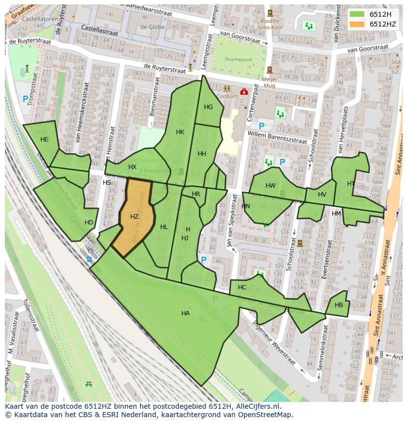 Afbeelding van het postcodegebied 6512 HZ op de kaart.