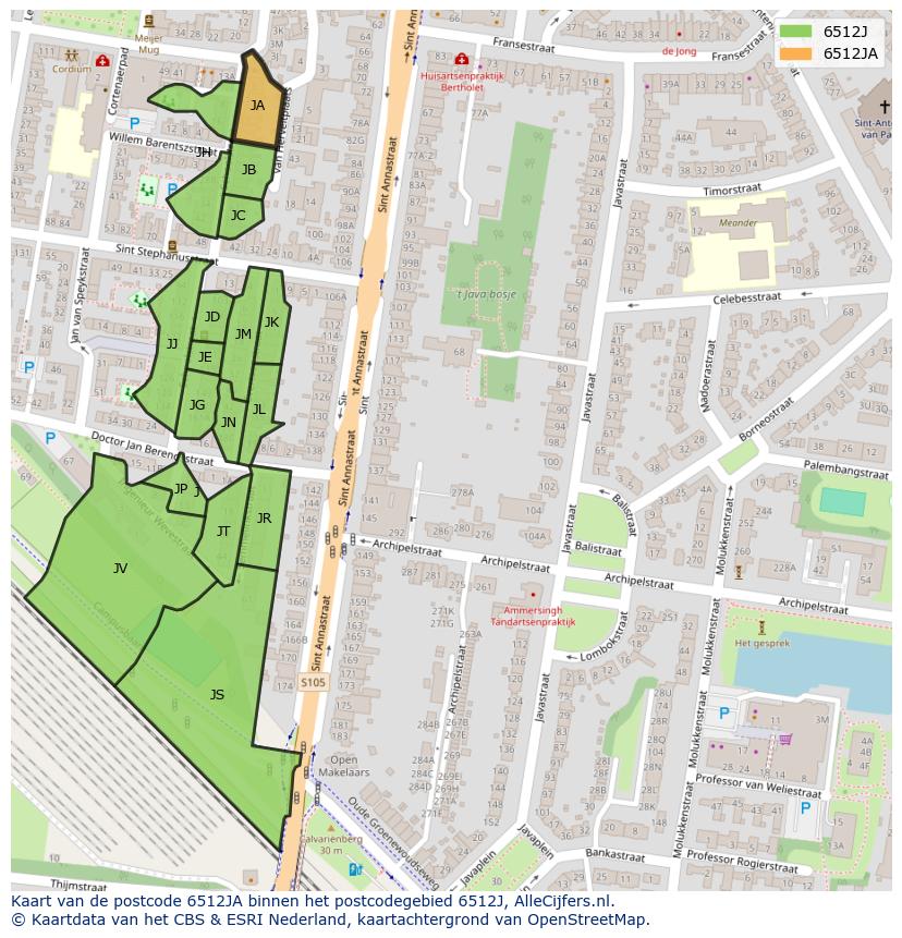 Afbeelding van het postcodegebied 6512 JA op de kaart.