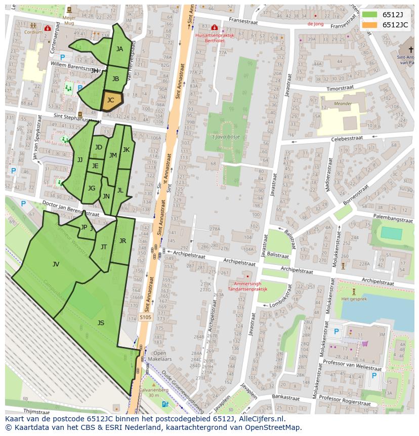 Afbeelding van het postcodegebied 6512 JC op de kaart.