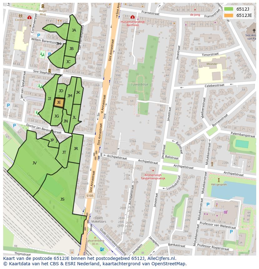 Afbeelding van het postcodegebied 6512 JE op de kaart.