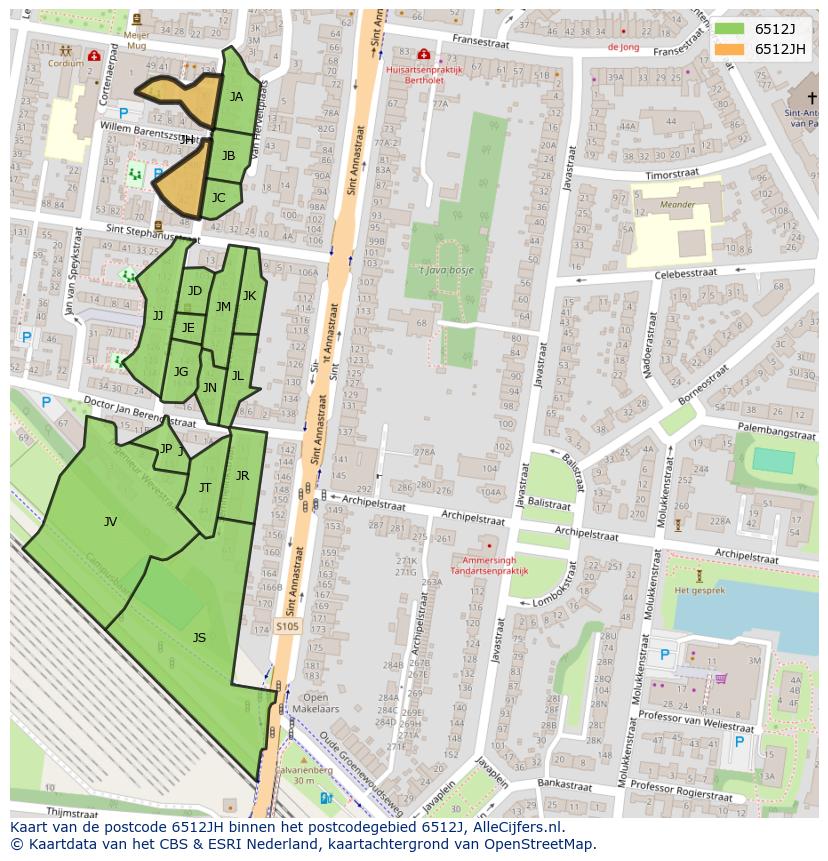 Afbeelding van het postcodegebied 6512 JH op de kaart.