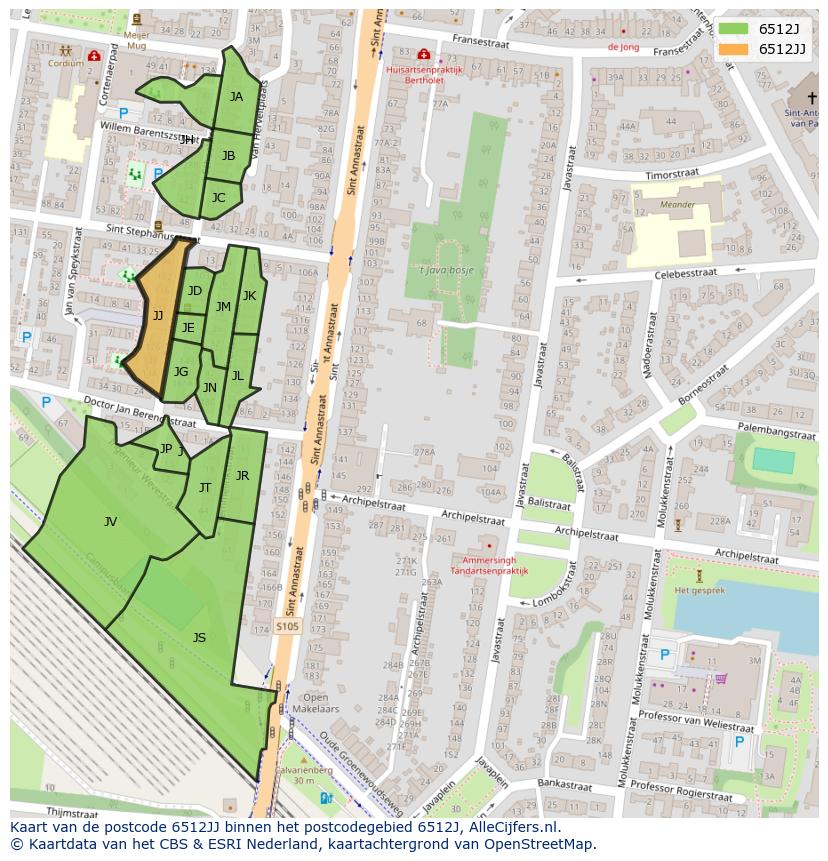 Afbeelding van het postcodegebied 6512 JJ op de kaart.