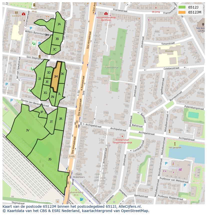 Afbeelding van het postcodegebied 6512 JM op de kaart.