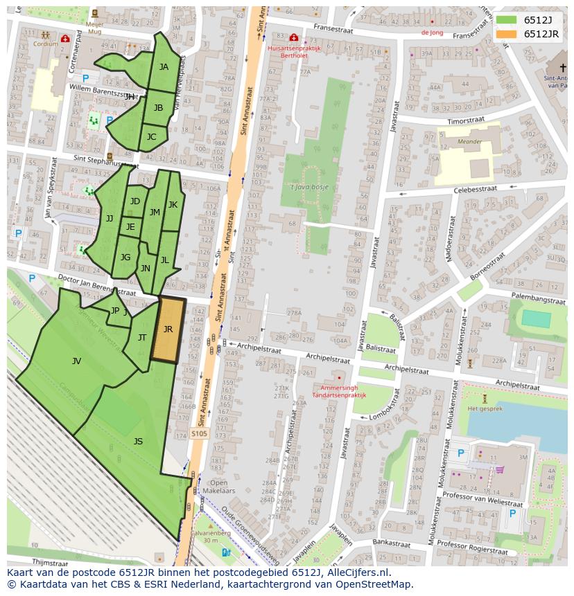 Afbeelding van het postcodegebied 6512 JR op de kaart.