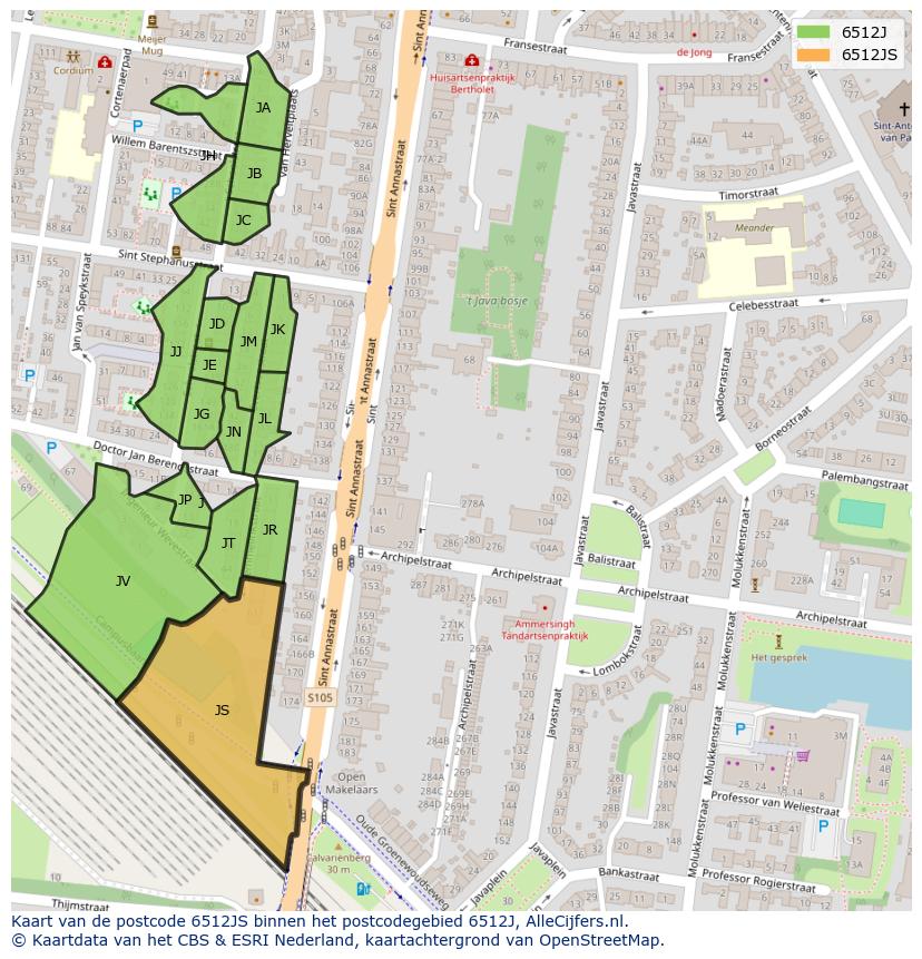 Afbeelding van het postcodegebied 6512 JS op de kaart.
