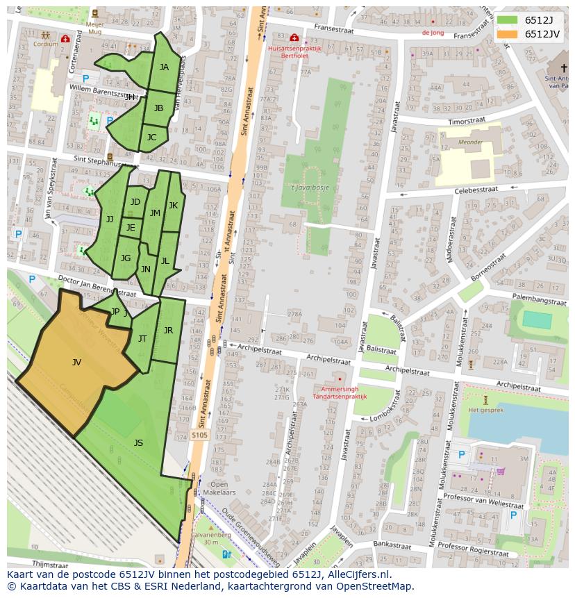 Afbeelding van het postcodegebied 6512 JV op de kaart.