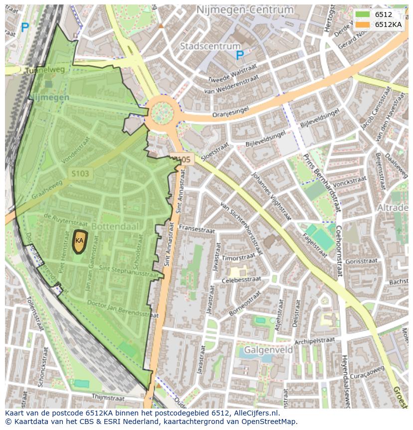 Afbeelding van het postcodegebied 6512 KA op de kaart.