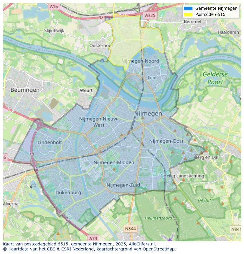 Afbeelding van het postcodegebied 6515 op de kaart.