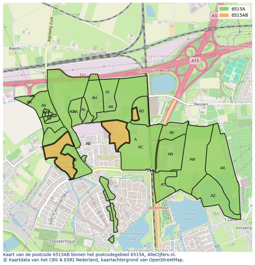 Afbeelding van het postcodegebied 6515 AB op de kaart.