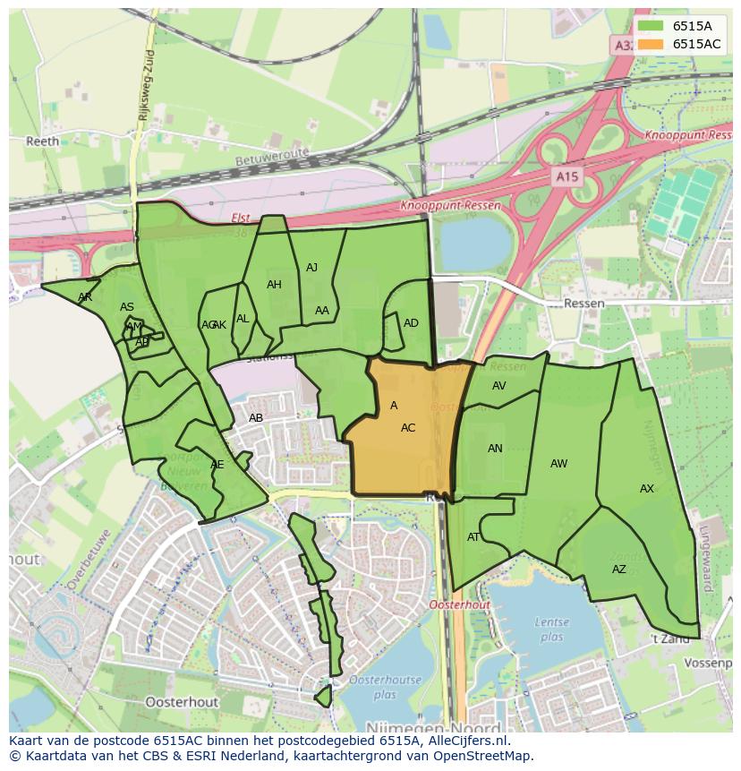 Afbeelding van het postcodegebied 6515 AC op de kaart.