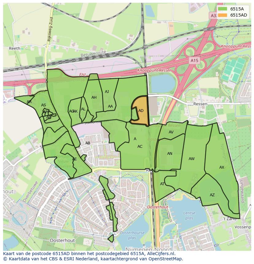 Afbeelding van het postcodegebied 6515 AD op de kaart.