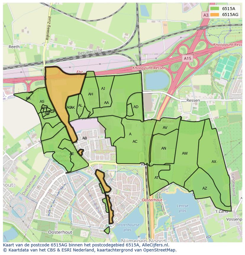 Afbeelding van het postcodegebied 6515 AG op de kaart.