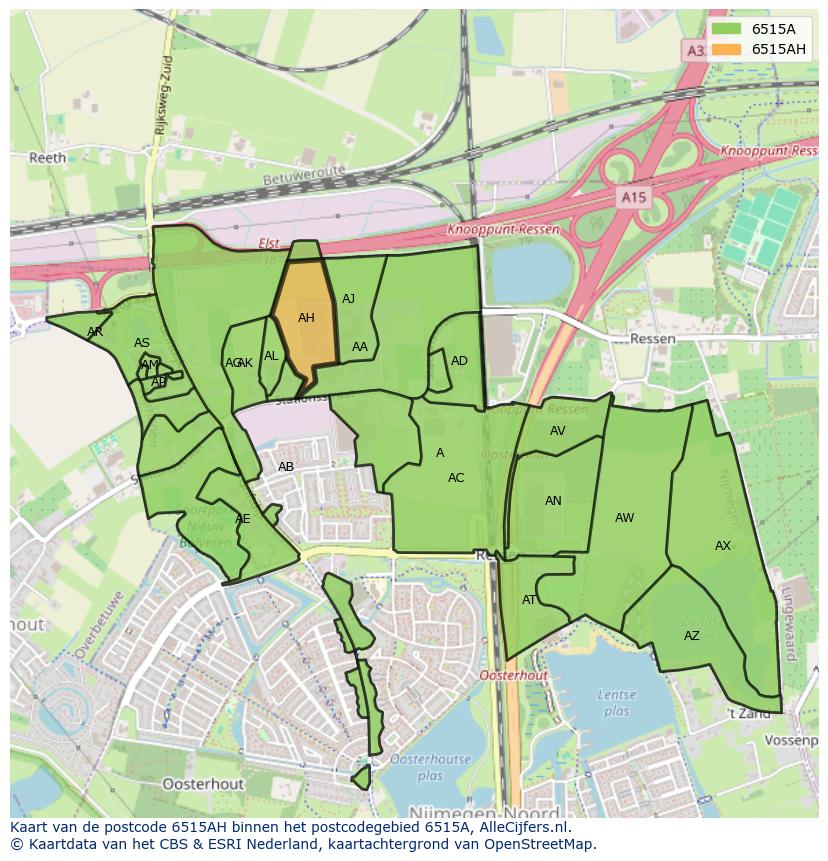 Afbeelding van het postcodegebied 6515 AH op de kaart.