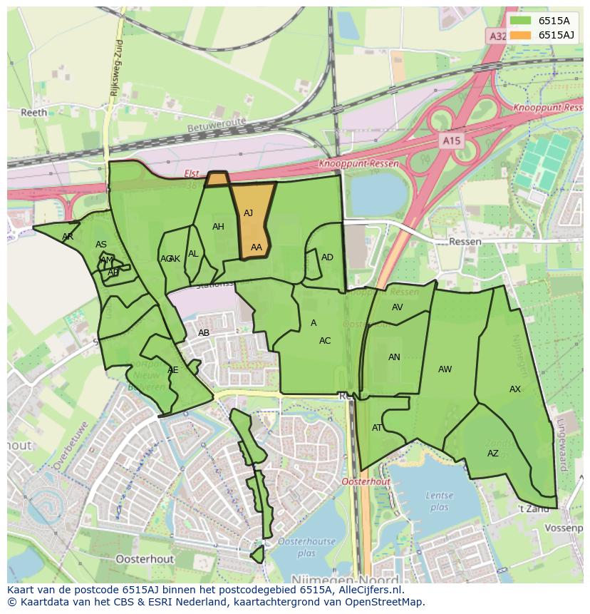 Afbeelding van het postcodegebied 6515 AJ op de kaart.