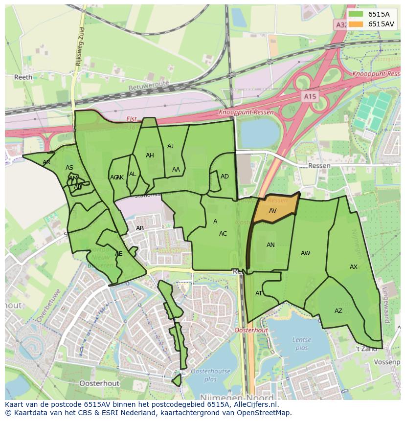 Afbeelding van het postcodegebied 6515 AV op de kaart.
