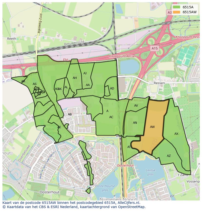Afbeelding van het postcodegebied 6515 AW op de kaart.