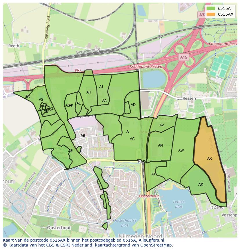 Afbeelding van het postcodegebied 6515 AX op de kaart.