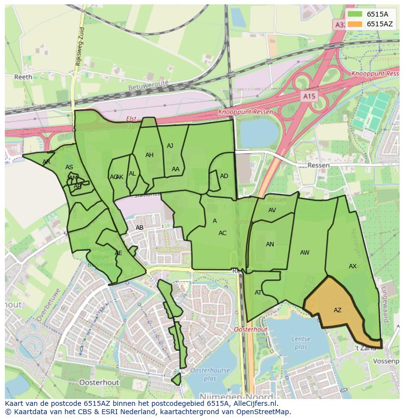 Afbeelding van het postcodegebied 6515 AZ op de kaart.