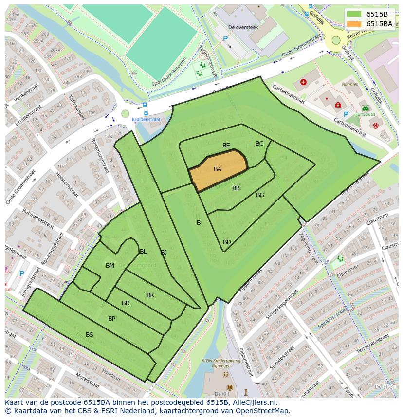Afbeelding van het postcodegebied 6515 BA op de kaart.