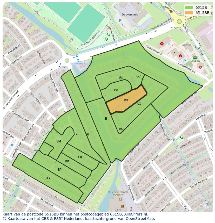 Afbeelding van het postcodegebied 6515 BB op de kaart.