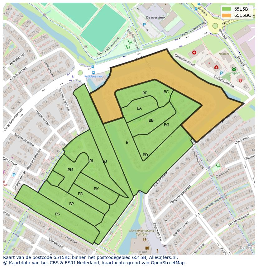 Afbeelding van het postcodegebied 6515 BC op de kaart.