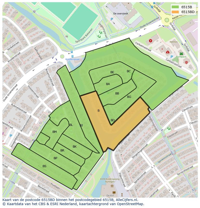 Afbeelding van het postcodegebied 6515 BD op de kaart.