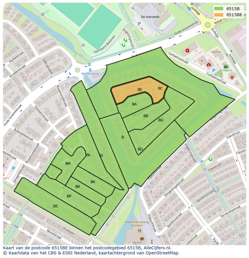 Afbeelding van het postcodegebied 6515 BE op de kaart.