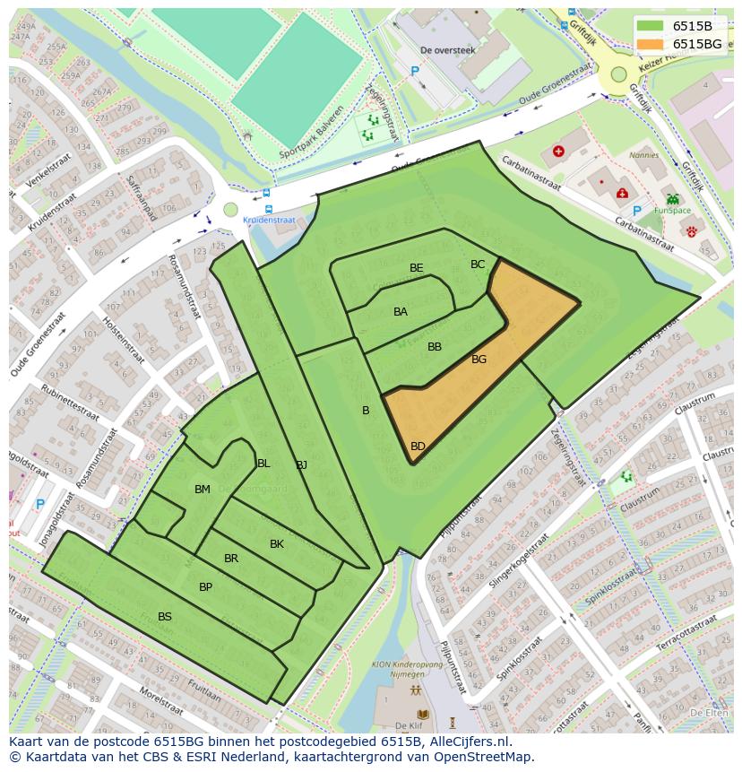 Afbeelding van het postcodegebied 6515 BG op de kaart.