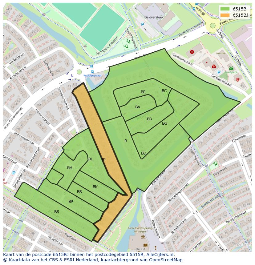 Afbeelding van het postcodegebied 6515 BJ op de kaart.
