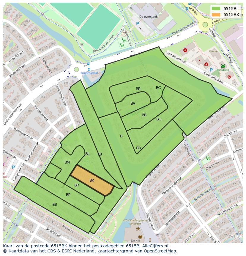 Afbeelding van het postcodegebied 6515 BK op de kaart.