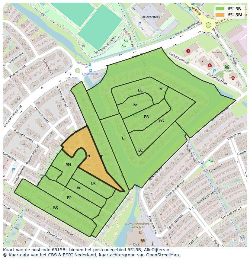 Afbeelding van het postcodegebied 6515 BL op de kaart.