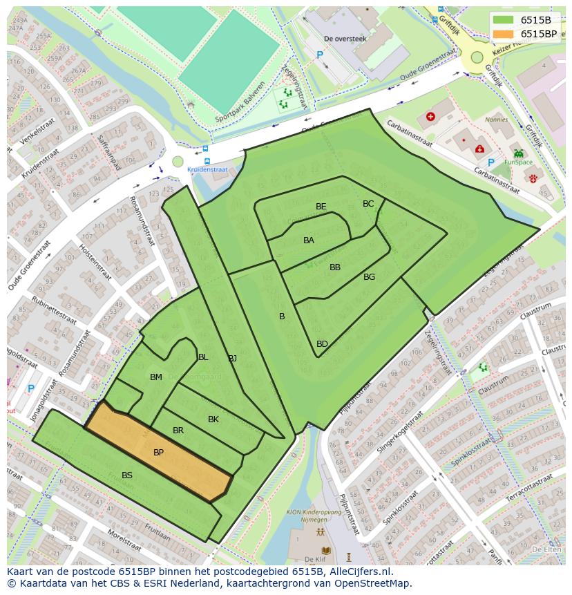 Afbeelding van het postcodegebied 6515 BP op de kaart.