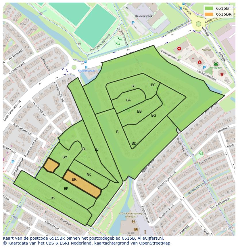 Afbeelding van het postcodegebied 6515 BR op de kaart.