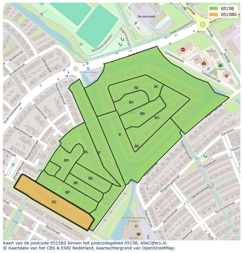 Afbeelding van het postcodegebied 6515 BS op de kaart.