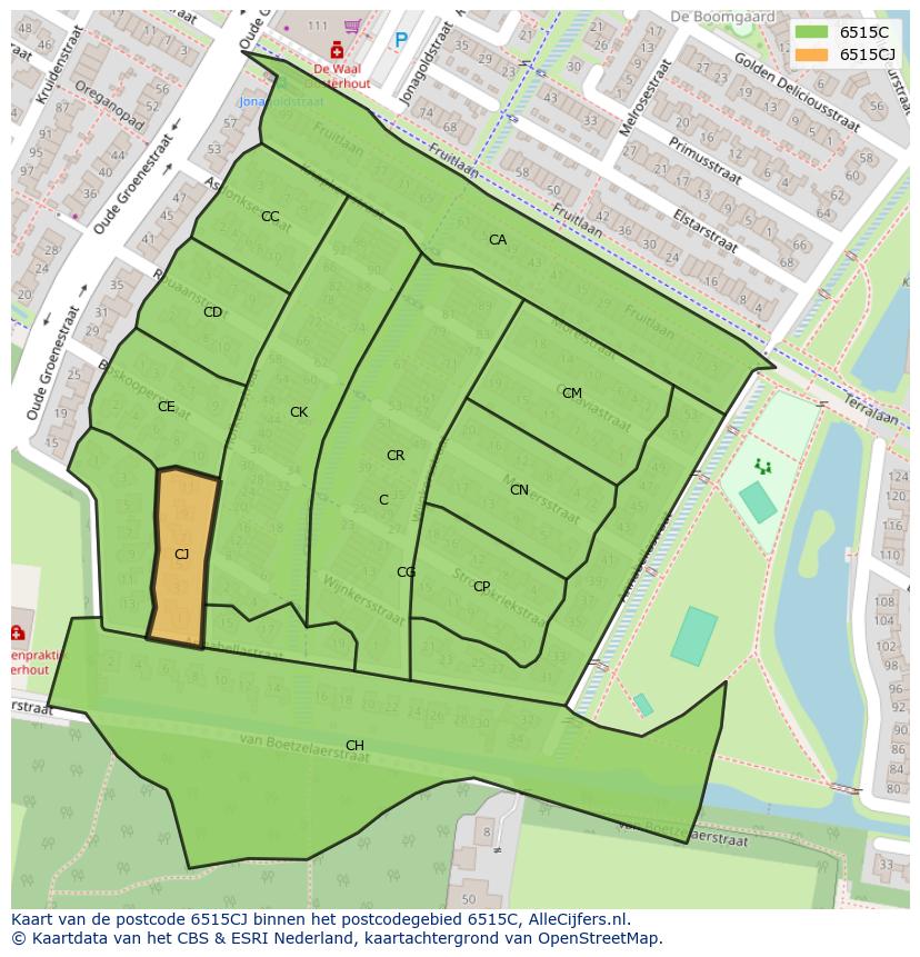 Afbeelding van het postcodegebied 6515 CJ op de kaart.