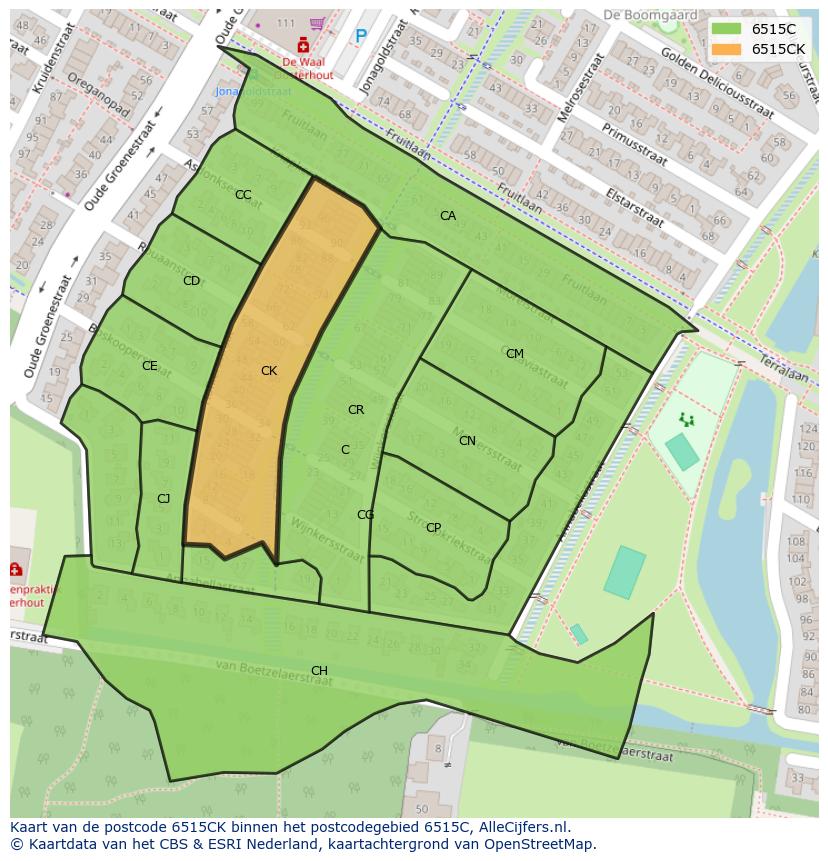 Afbeelding van het postcodegebied 6515 CK op de kaart.