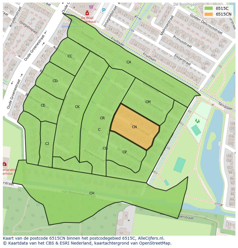 Afbeelding van het postcodegebied 6515 CN op de kaart.