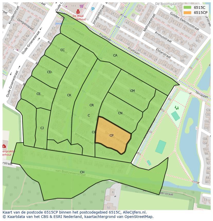 Afbeelding van het postcodegebied 6515 CP op de kaart.