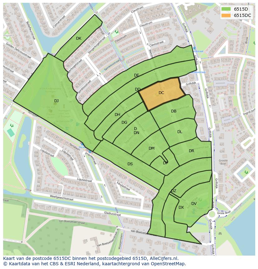 Afbeelding van het postcodegebied 6515 DC op de kaart.