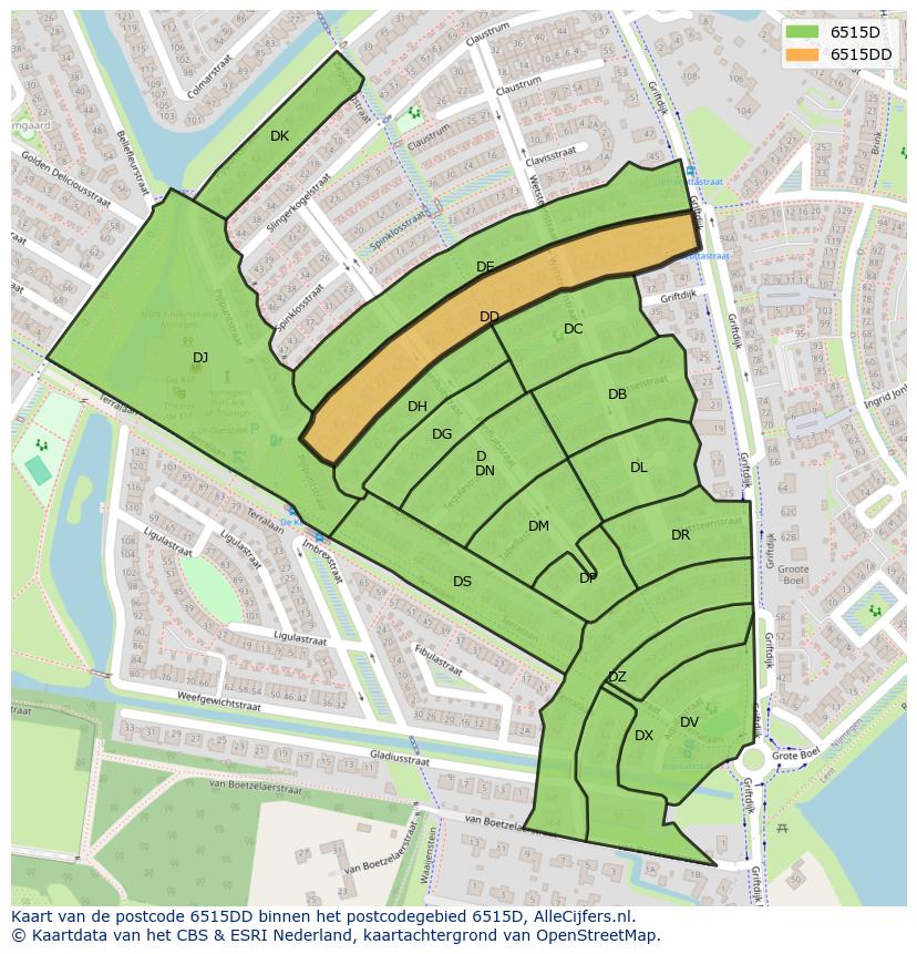 Afbeelding van het postcodegebied 6515 DD op de kaart.